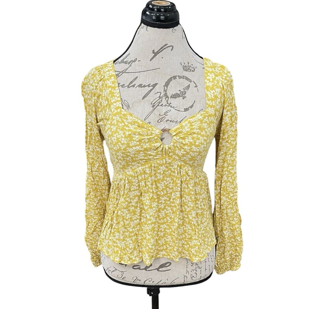 American Eagle Womens Blouse XS Yellow Floral Long Sleeve Bohemian Western Rodeo